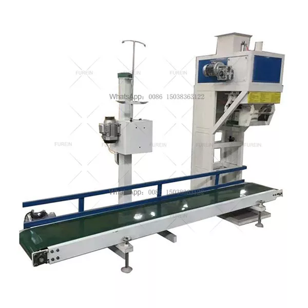 Open mouth packaging machine with sewing machine
