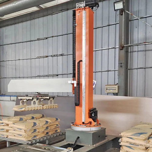 The column bag palletizer is stacking bags The column palletizer is stacking bags